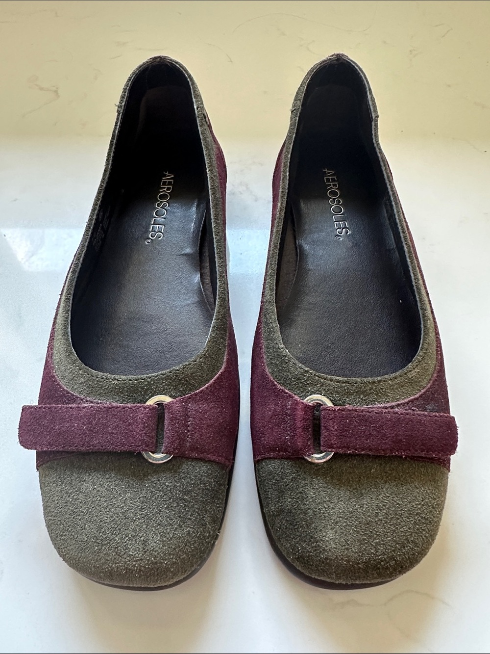 AEROSOLES Olive Suede Flats with Burgundy Strap Detail
